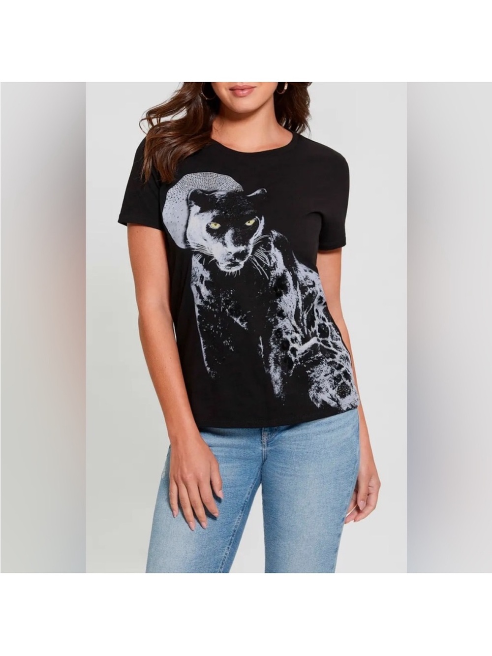 Guess Black Graphic Panther Short Sleeve Tee Rhinestone L